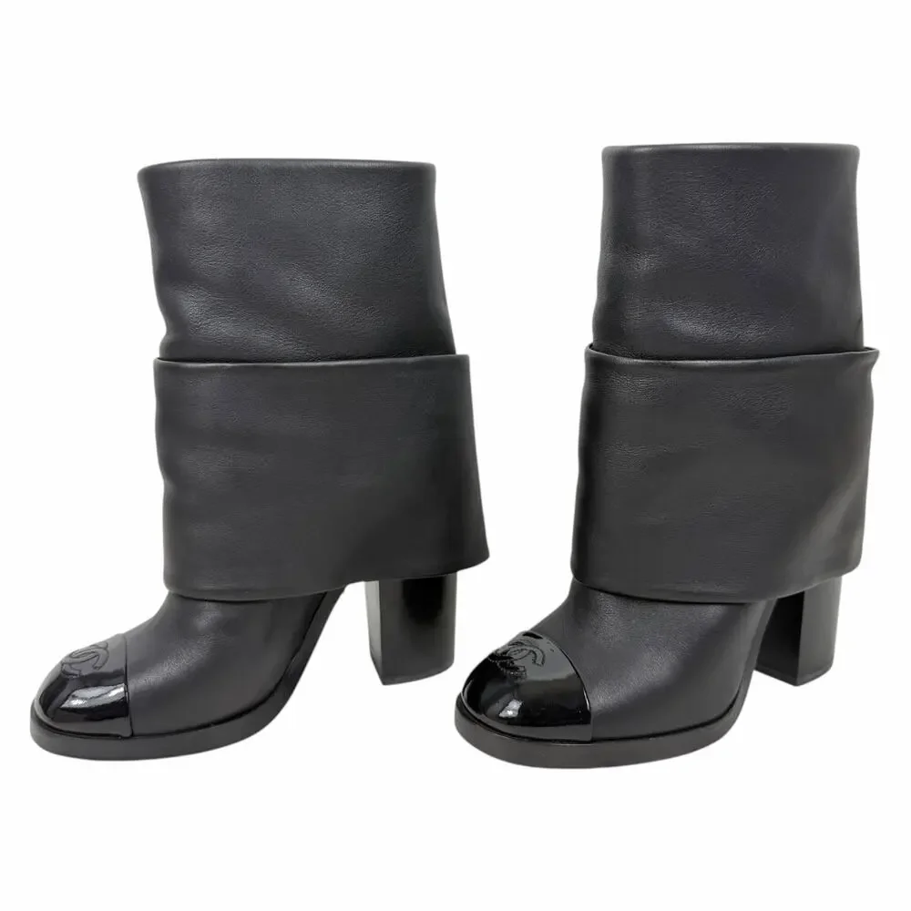 Chanel Interlocking CC logo Cap Toe Foldover Boots Black Leather Size 36
